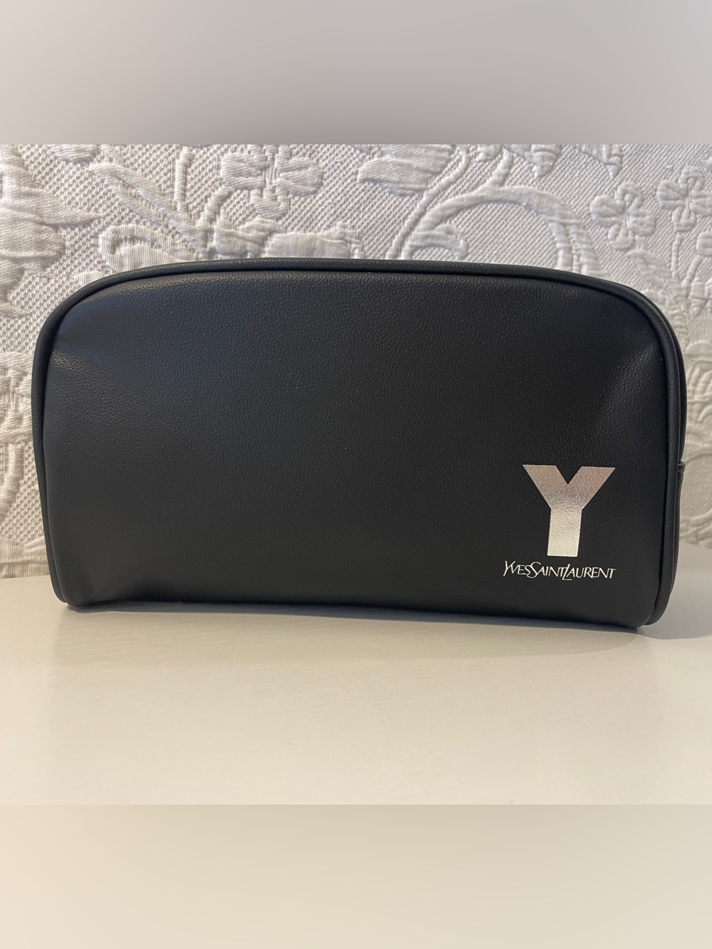 Yves Saint Laurent Black Leather Zippered Toiletry Gym Pouch with White Y Logo